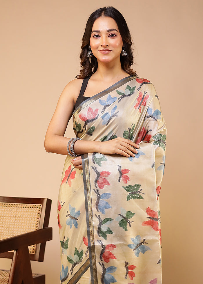 Cream Tussar Silk Saree With Blouse Piece