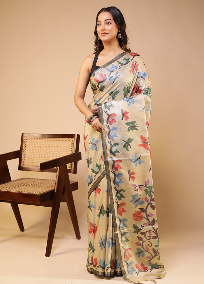 Cream Tussar Silk Saree With Blouse Piece