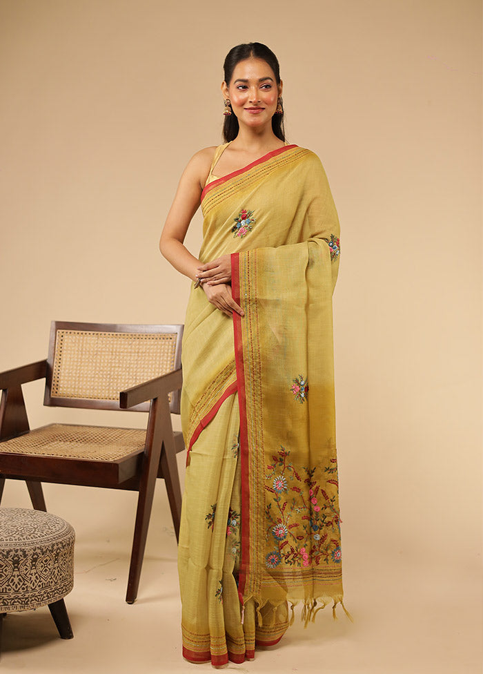 Green Linen Silk Saree With Blouse Piece