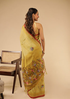 Green Linen Silk Saree With Blouse Piece