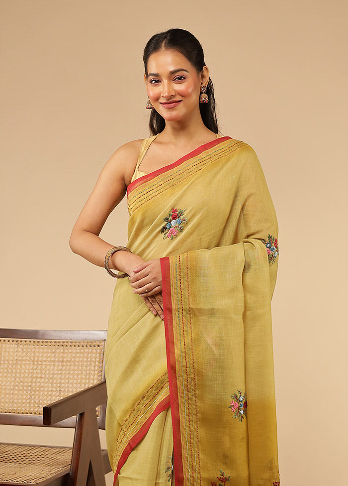 Green Linen Silk Saree With Blouse Piece