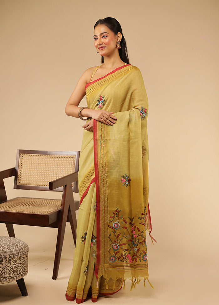Green Linen Silk Saree With Blouse Piece