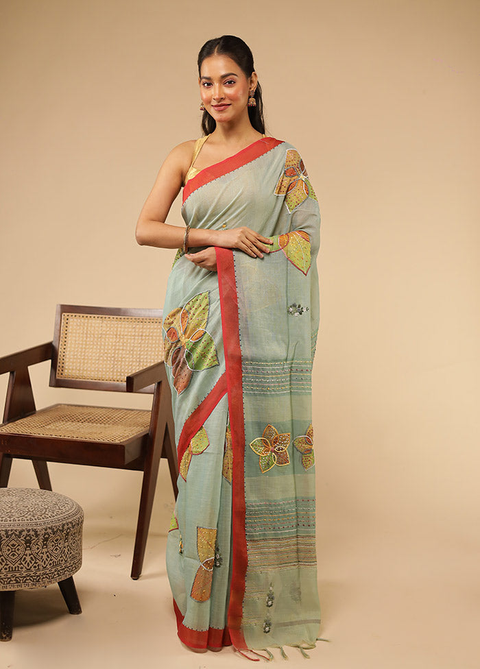 Blue Linen Silk Saree With Blouse Piece