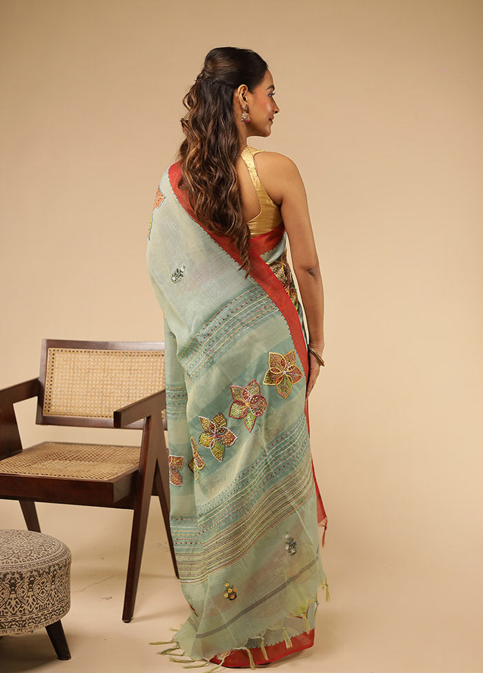 Blue Linen Silk Saree With Blouse Piece
