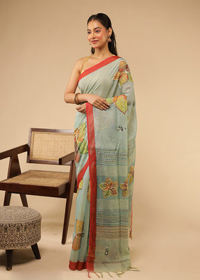 Blue Linen Silk Saree With Blouse Piece