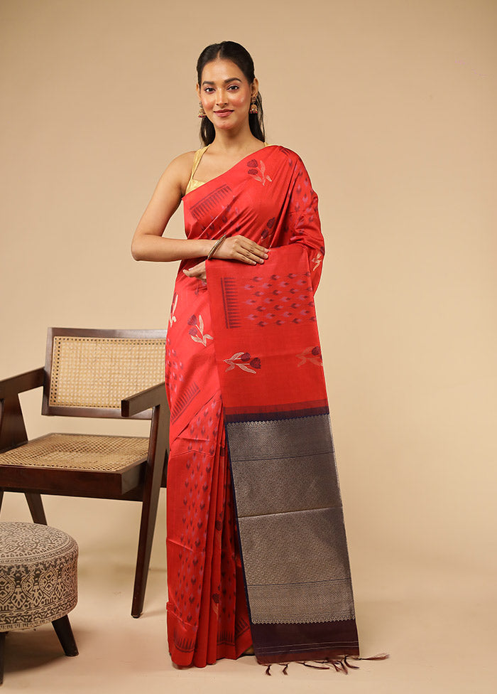 Red Tussar Silk Saree With Blouse Piece