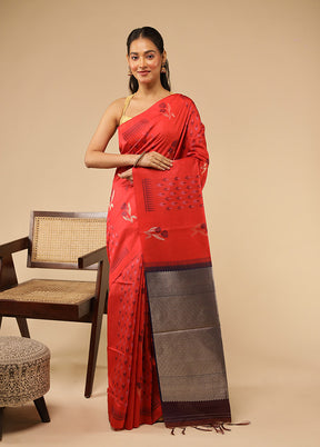 Red Tussar Silk Saree With Blouse Piece