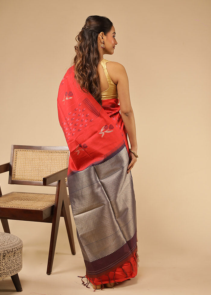 Red Tussar Silk Saree With Blouse Piece