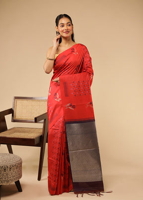 Red Tussar Silk Saree With Blouse Piece