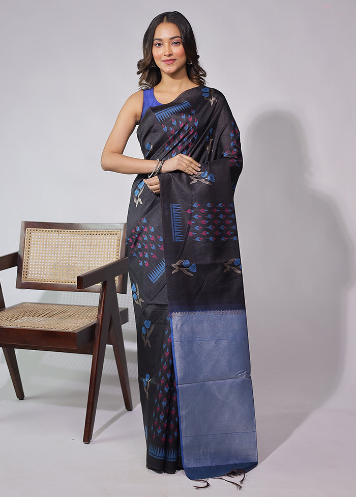 Black Tussar Silk Saree With Blouse Piece