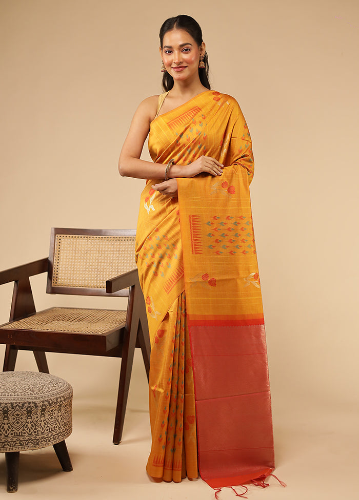 Yellow Tussar Silk Saree With Blouse Piece