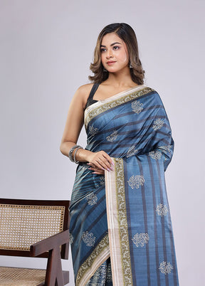 Blue Cotton Saree With Blouse Piece
