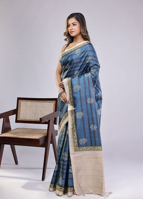 Blue Cotton Saree With Blouse Piece
