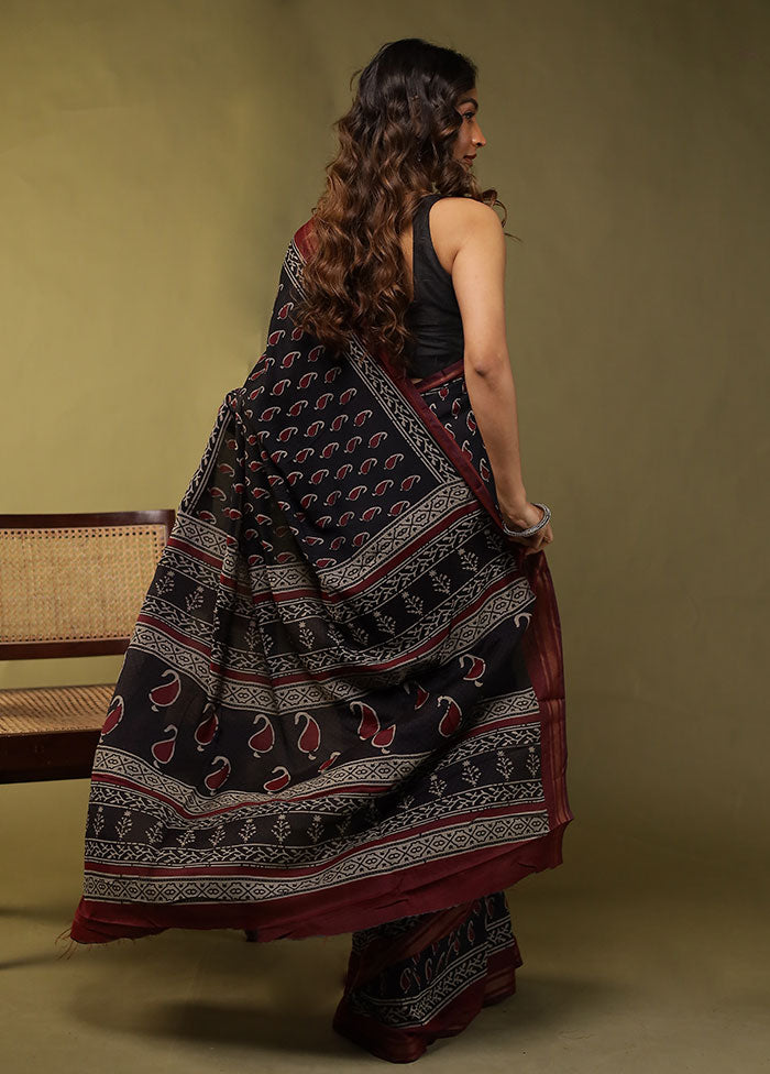 Black Chanderi Cotton Saree With Blouse Piece