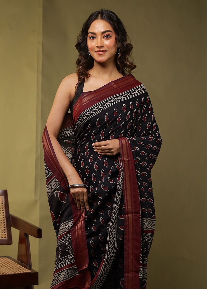 Black Chanderi Cotton Saree With Blouse Piece