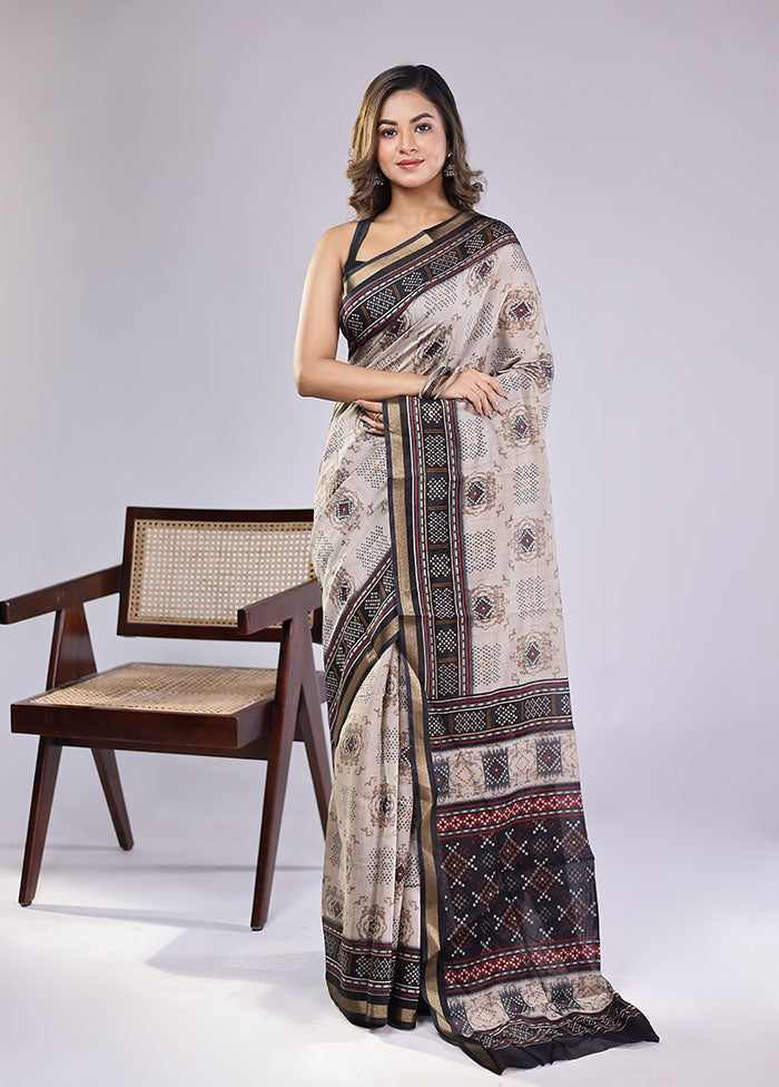 Cream Chanderi Cotton Saree With Blouse Piece