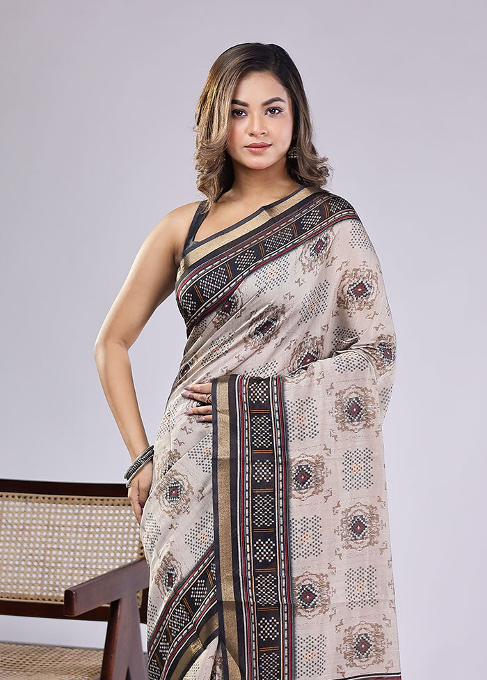 Cream Chanderi Cotton Saree With Blouse Piece