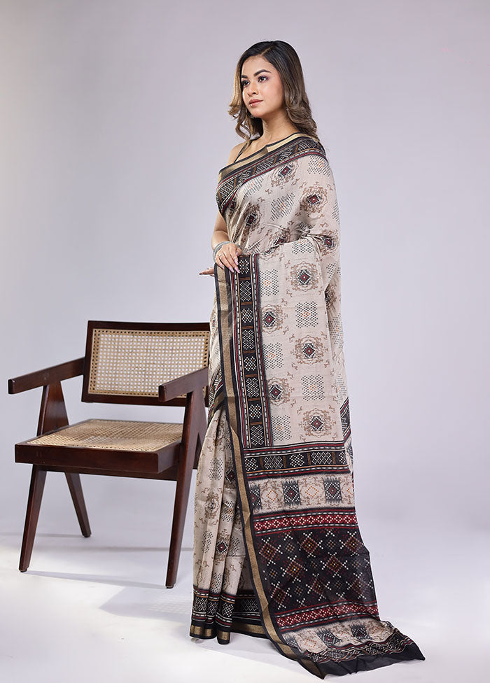 Cream Chanderi Cotton Saree With Blouse Piece
