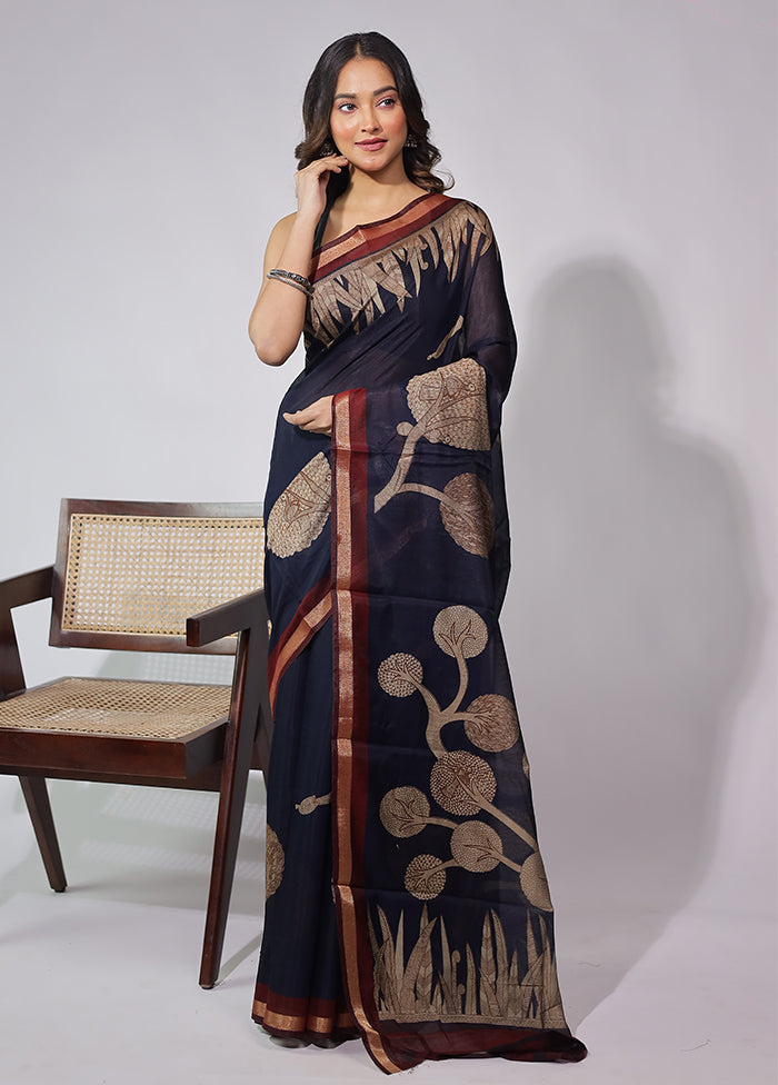 Blue Chanderi Cotton Saree With Blouse Piece
