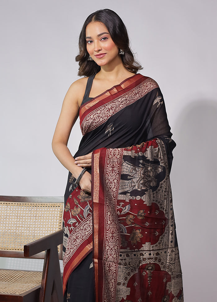 Black Chanderi Cotton Saree With Blouse Piece