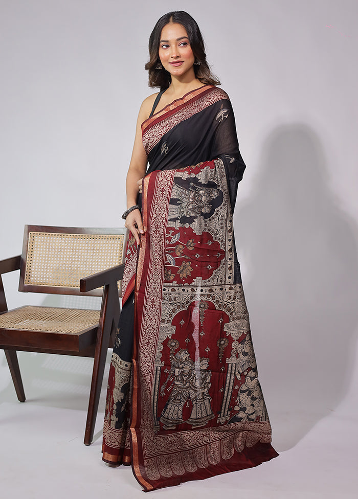 Black Chanderi Cotton Saree With Blouse Piece