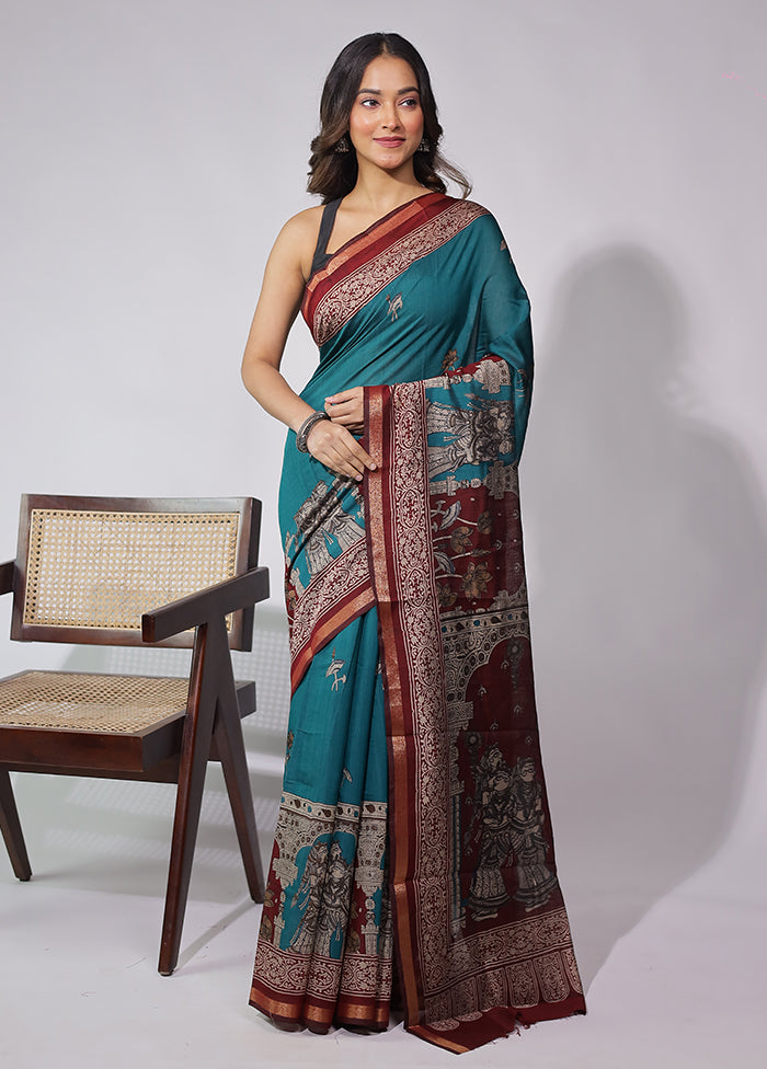 Green Chanderi Cotton Saree With Blouse Piece