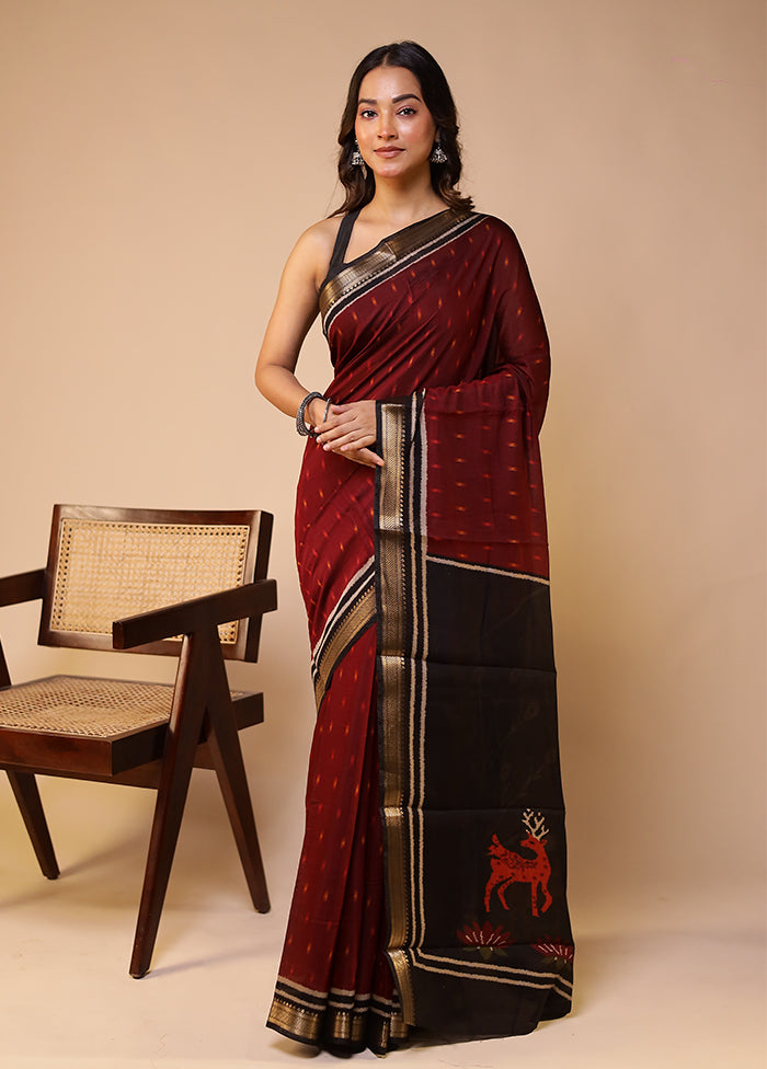 Maroon Chanderi Cotton Saree With Blouse Piece