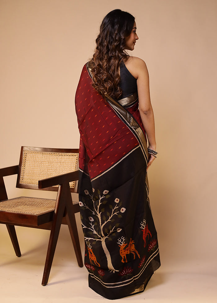 Maroon Chanderi Cotton Saree With Blouse Piece