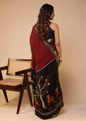 Maroon Chanderi Cotton Saree With Blouse Piece