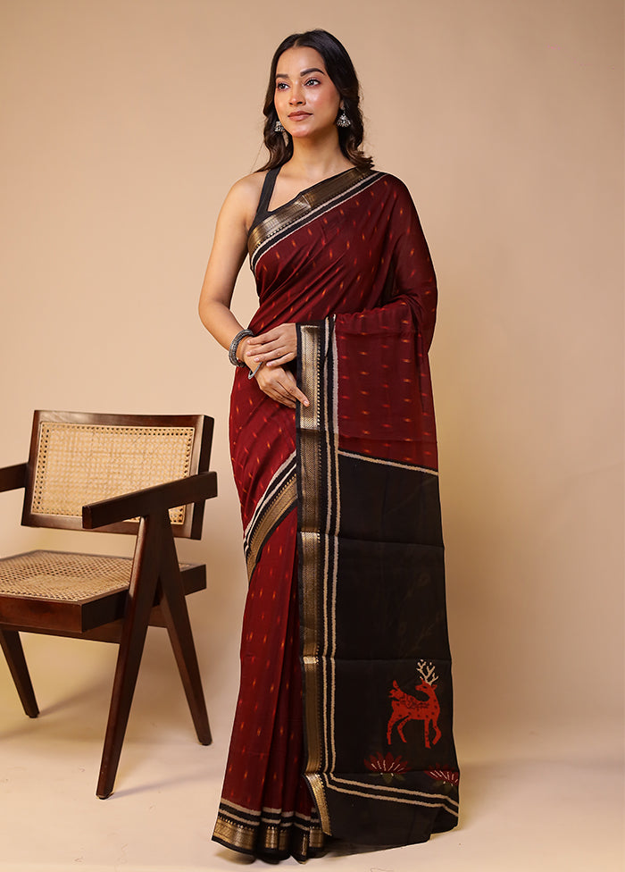 Maroon Chanderi Cotton Saree With Blouse Piece