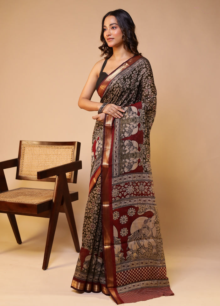 Green Chanderi Cotton Saree With Blouse Piece