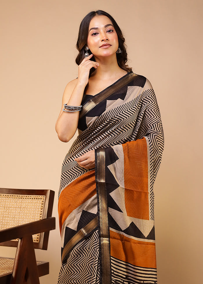 Cream Chanderi Cotton Saree With Blouse Piece