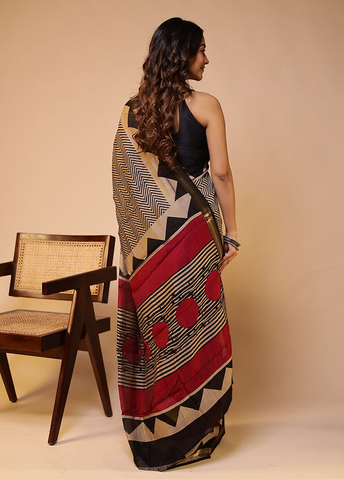 Cream Chanderi Cotton Saree With Blouse Piece