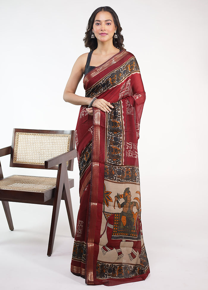Maroon Chanderi Cotton Saree With Blouse Piece