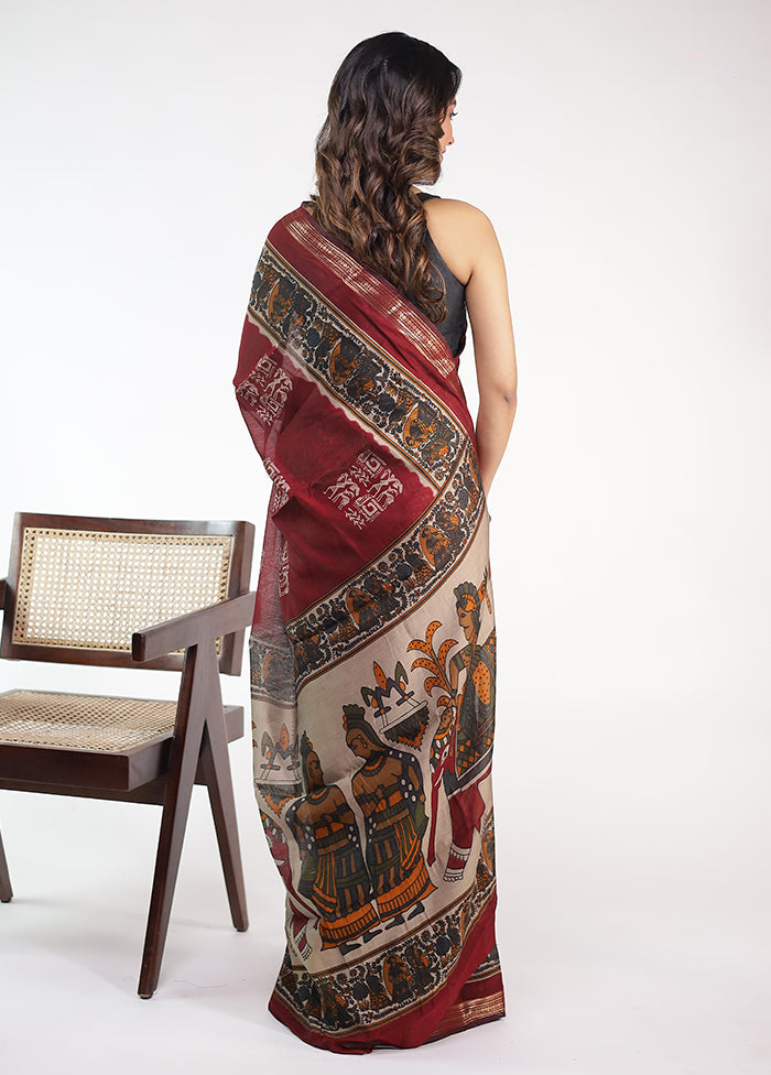 Maroon Chanderi Cotton Saree With Blouse Piece