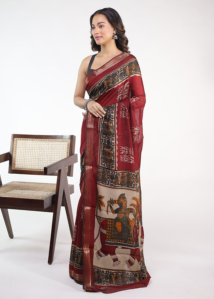 Maroon Chanderi Cotton Saree With Blouse Piece