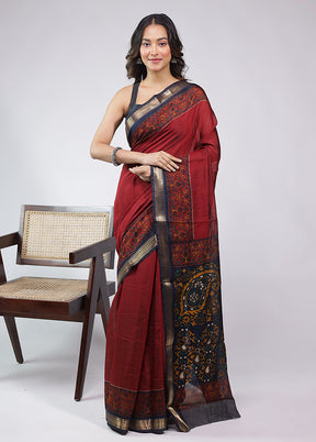 Maroon Chanderi Cotton Saree With Blouse Piece