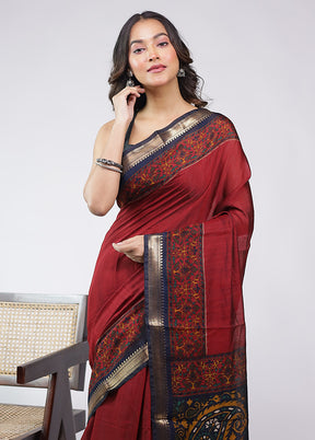 Maroon Chanderi Cotton Saree With Blouse Piece