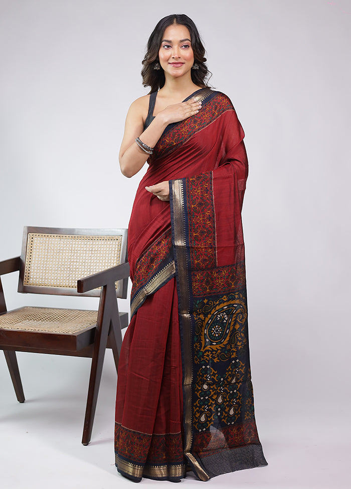 Maroon Chanderi Cotton Saree With Blouse Piece