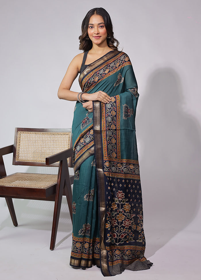 Green Chanderi Cotton Saree With Blouse Piece