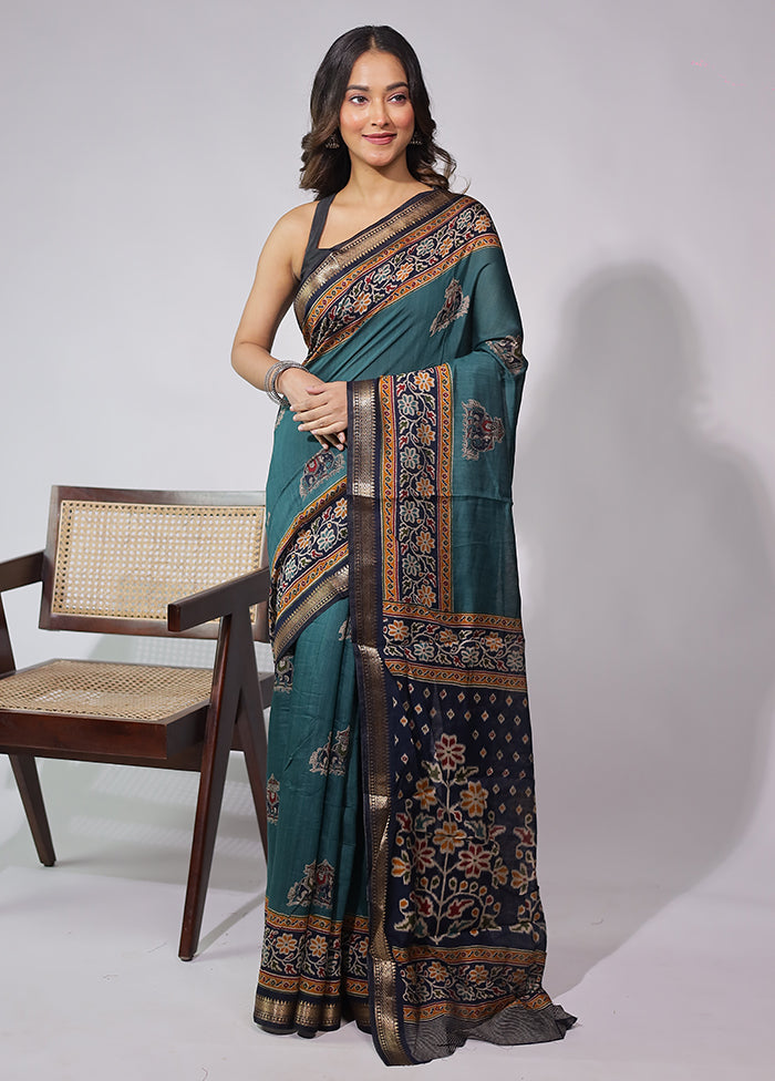 Green Chanderi Cotton Saree With Blouse Piece