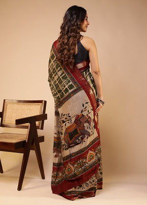 Cream Chanderi Cotton Saree With Blouse Piece