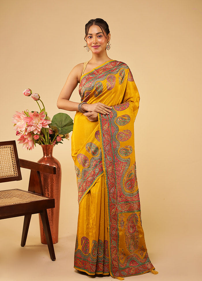 Yellow Handloom Pure Georgette Saree With Blouse Piece