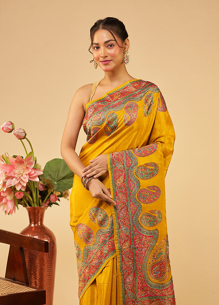 Yellow Handloom Pure Georgette Saree With Blouse Piece