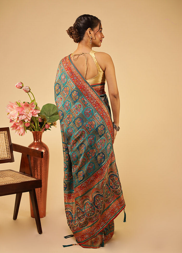 Green Handloom Pure Georgette Saree With Blouse Piece