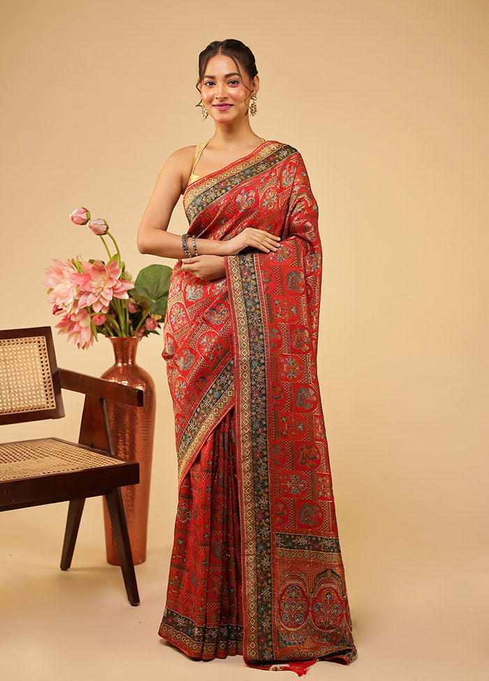 Red Handloom Pure Georgette Saree With Blouse Piece