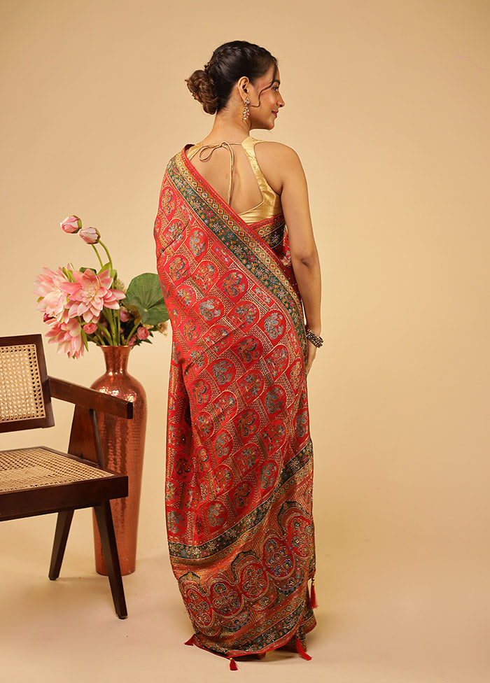 Red Handloom Pure Georgette Saree With Blouse Piece