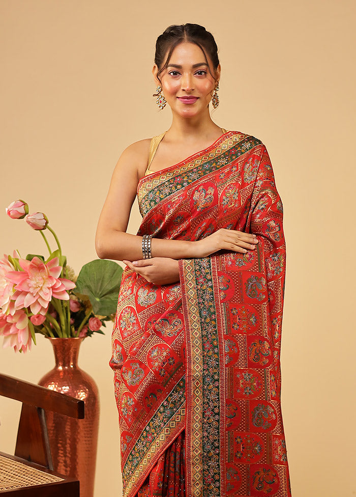 Red Handloom Pure Georgette Saree With Blouse Piece