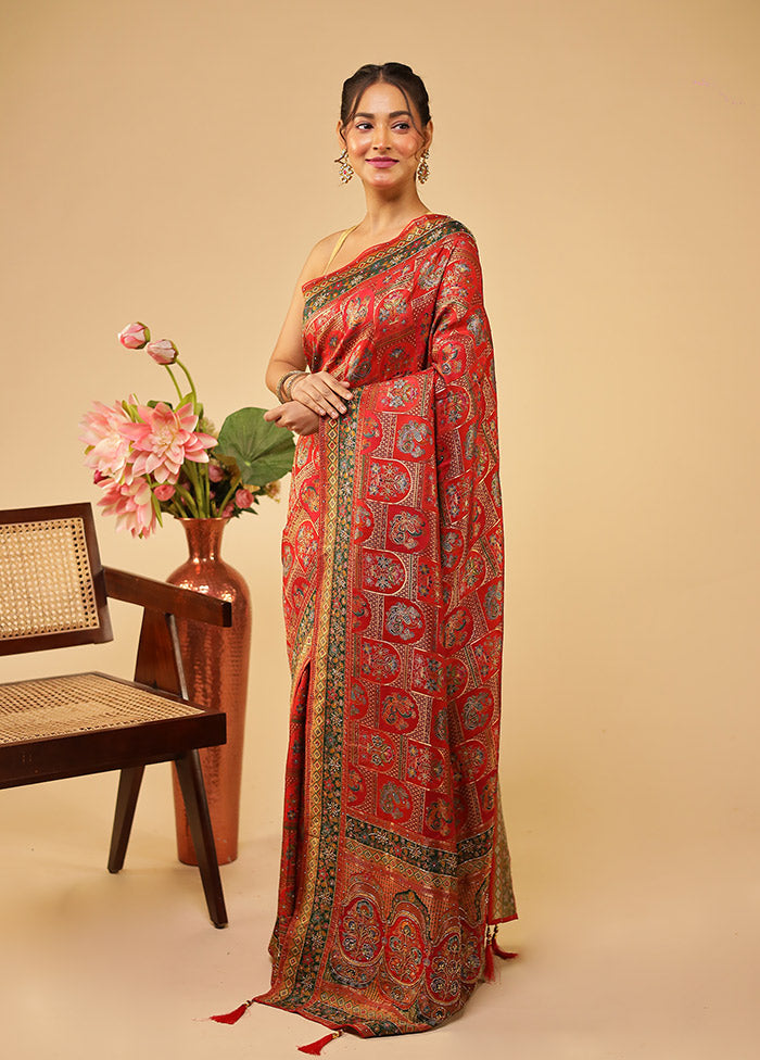 Red Handloom Pure Georgette Saree With Blouse Piece
