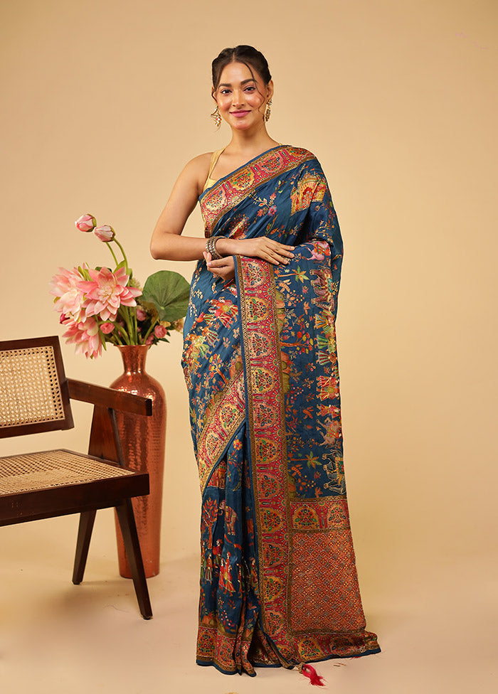 Blue Handloom Pure Georgette Saree With Blouse Piece